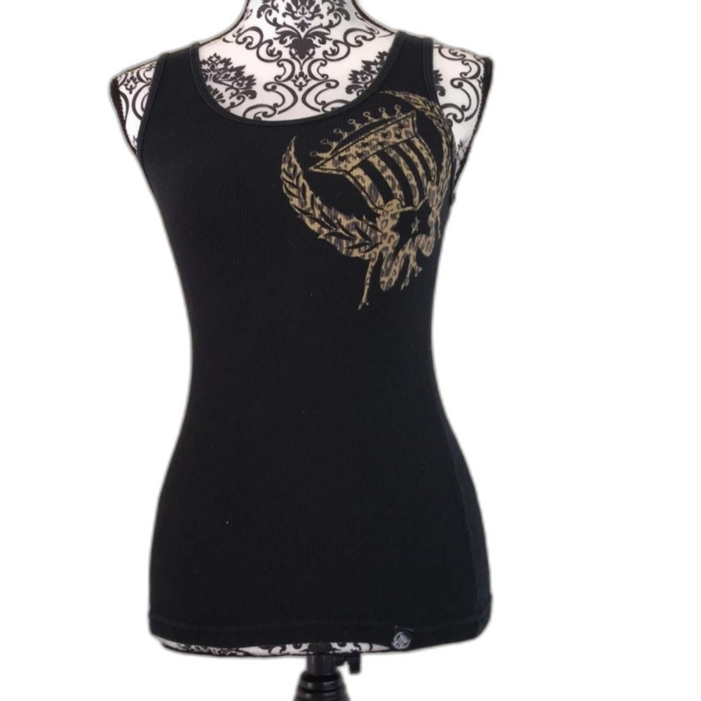 Tank Top Ribbed Graphic Print Sleeveless Casual Top Black